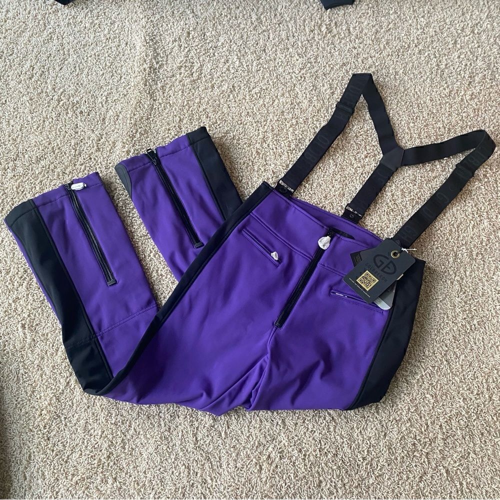 GOLDBERGH WOMEN'S HIGH END SALOPETTE SKI PANTS BIB PURPLE BLACK NWT 14